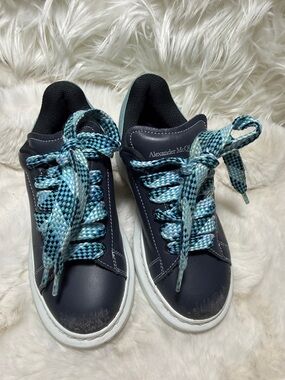 Alexander McQueen Navy Sneakers with Aqua Check Laces